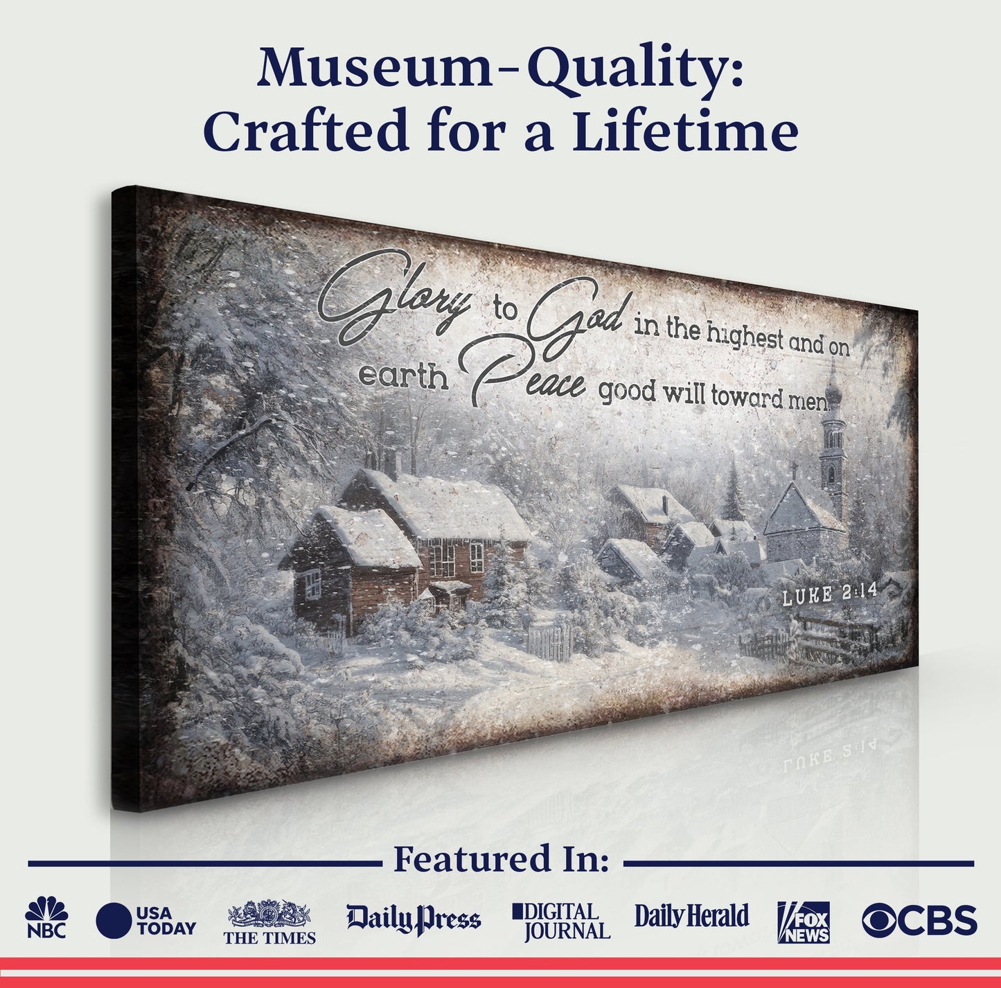 Vintage Christmas Village Luke 2:14 Scripture Sign II snowy canvas by Tailored Canvases on Tampa Home & Garden Store