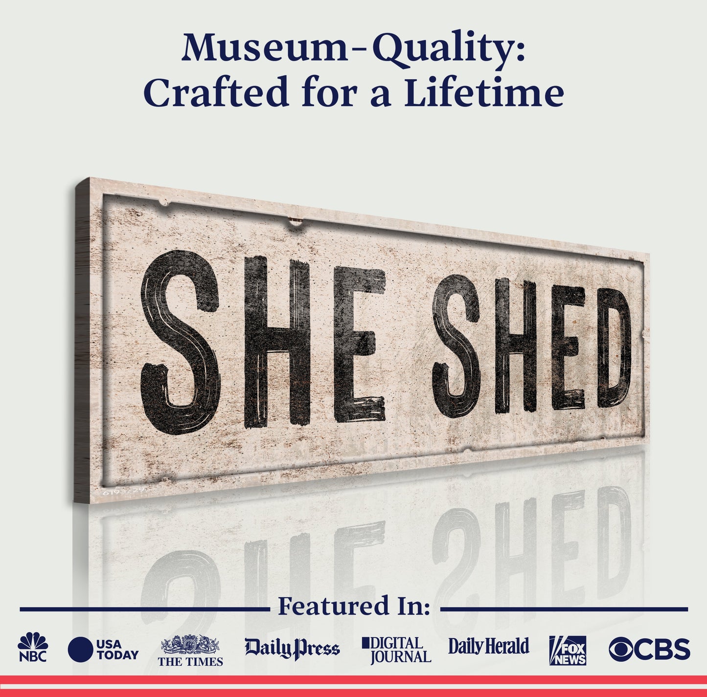 She Shed V canvas by Tailored Canvases featuring distressed vintage sign on beige backdrop on Tampa Home & Garden Store