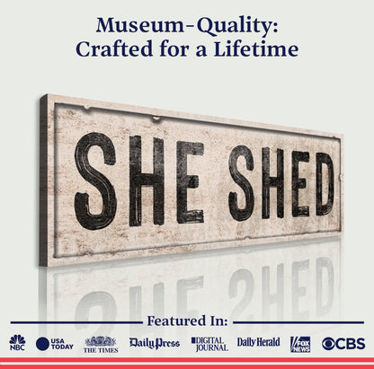 She Shed V canvas by Tailored Canvases featuring distressed vintage sign on beige backdrop on Tampa Home & Garden Store