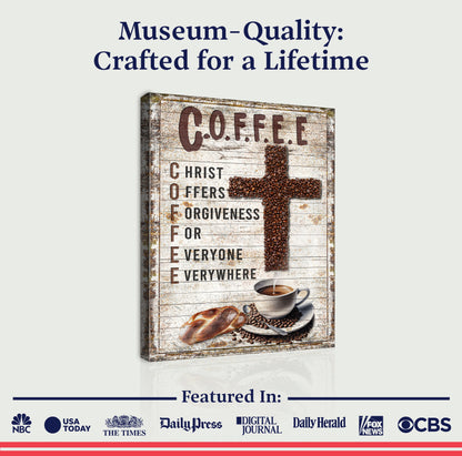 Christ And Coffee Faith Sign canvas by Tailored Canvases with coffee bean cross on Tampa Home & Garden Store