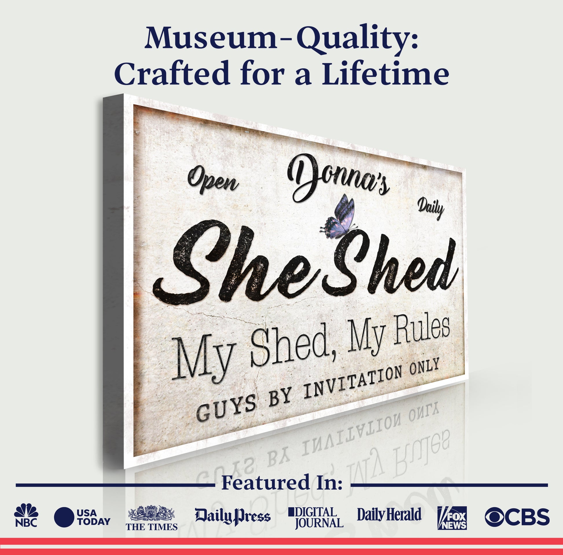 Personalized She Shed Sign canvas by Tailored Canvases with backdrop and She Shed script on Tampa Home & Garden Store