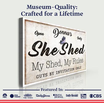Personalized She Shed Sign canvas by Tailored Canvases with backdrop and She Shed script on Tampa Home & Garden Store