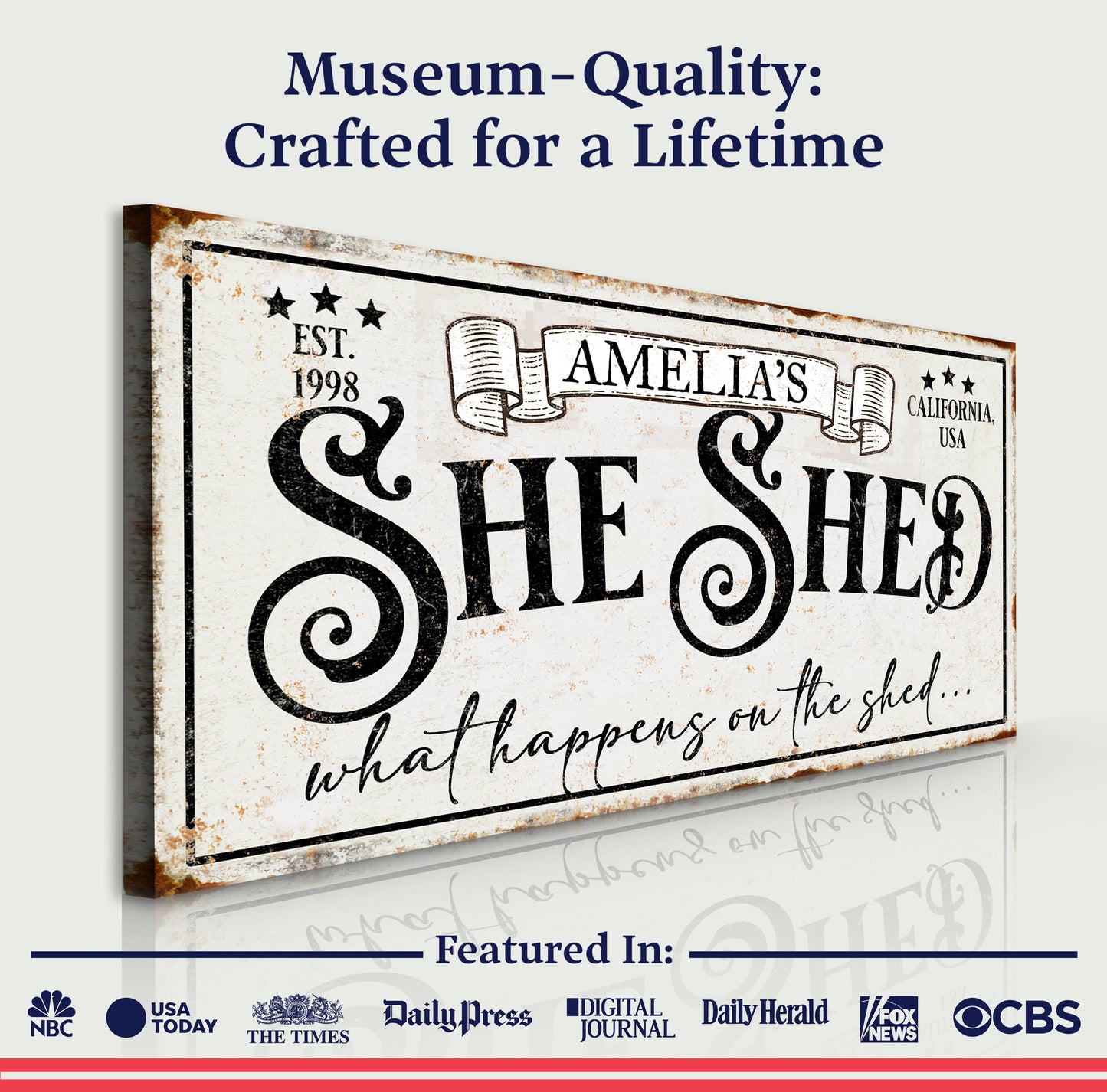 Personalized She Shed Sign IV canvas with vintage distressed print by Tailored Canvases on Tampa Home & Garden Store