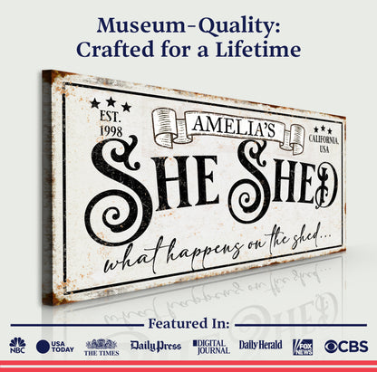 Personalized She Shed Sign IV canvas with vintage distressed print by Tailored Canvases on Tampa Home & Garden Store
