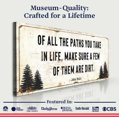 Canvas by Tailored Canvases rustic dirt cabin sign with pine trees and bold black quote on Tampa Home & Garden Store