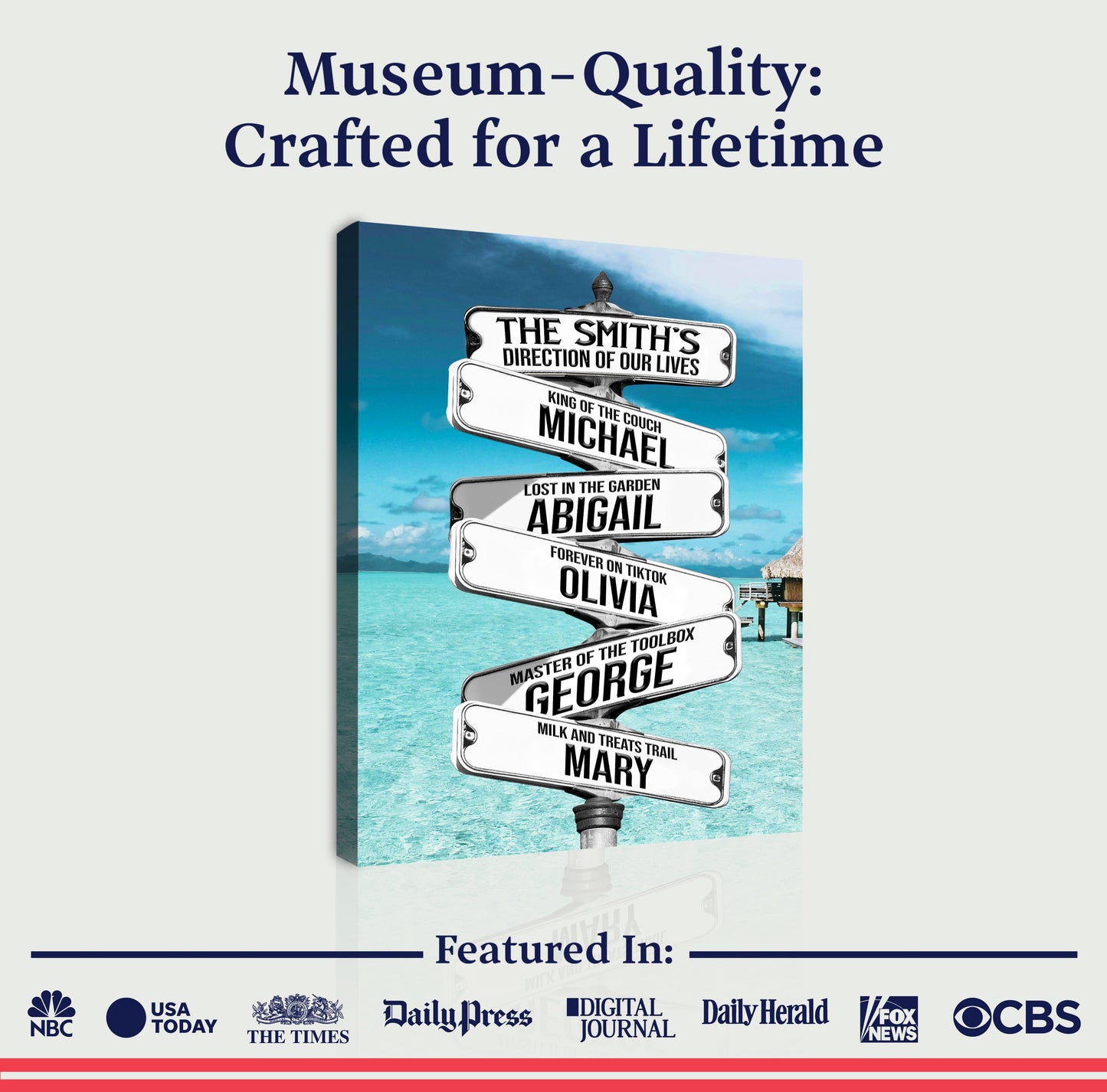 Canvas Direction Of Our Lives Family Beach Names Sign with stacked signposts on Tampa Home & Garden Store