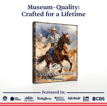 Be Strong And Courageous Joshua 1:9 Canvas by Tailored Canvases with cowboy on horseback on Tampa Home & Garden Store