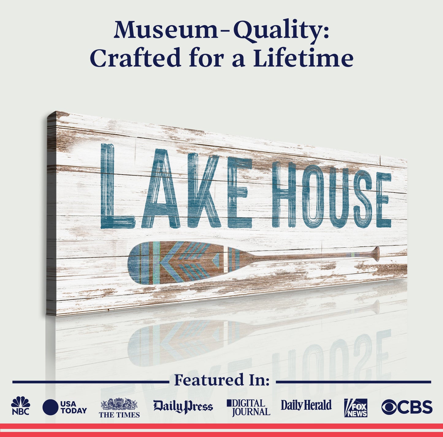 Lake House Coastal Sign II canvas with weathered white planks and blue lettering with paddle on Tampa Home & Garden Store