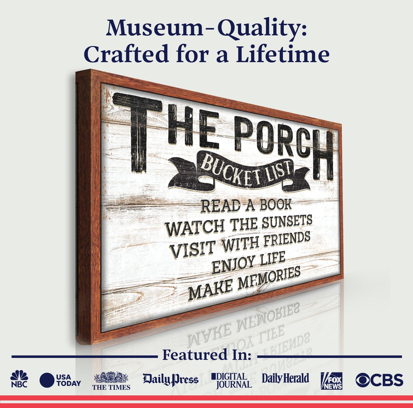 The Porch Bucket Sign canvas wall art with rustic wood frame by Tailored Canvases on Tampa Home & Garden Store