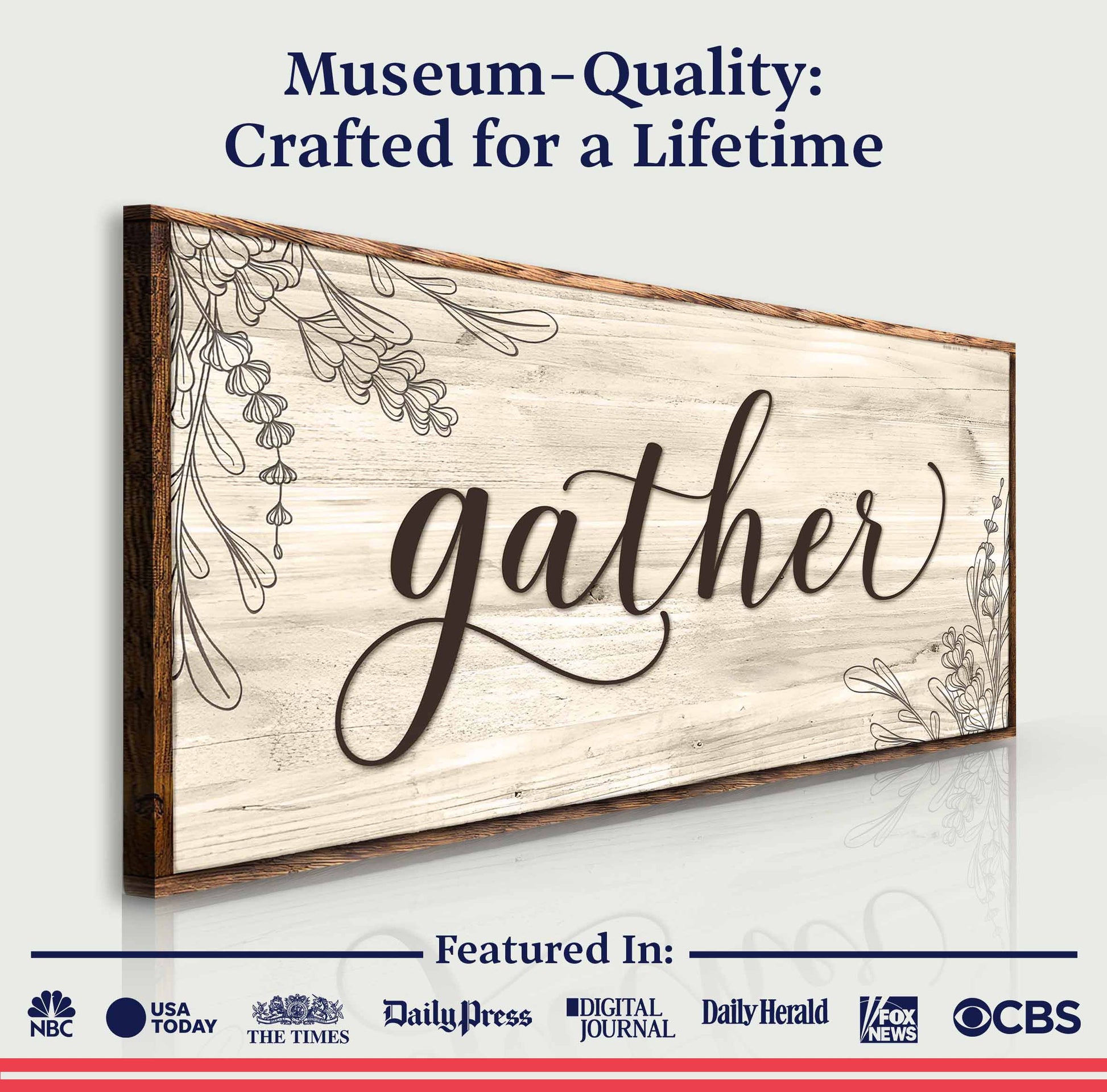 Gather Sign VIII canvas by Tailored Canvases; rustic wood background with botanical line art on Tampa Home & Garden Store