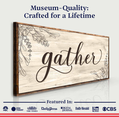 Gather Sign VIII canvas by Tailored Canvases; rustic wood background with botanical line art on Tampa Home & Garden Store