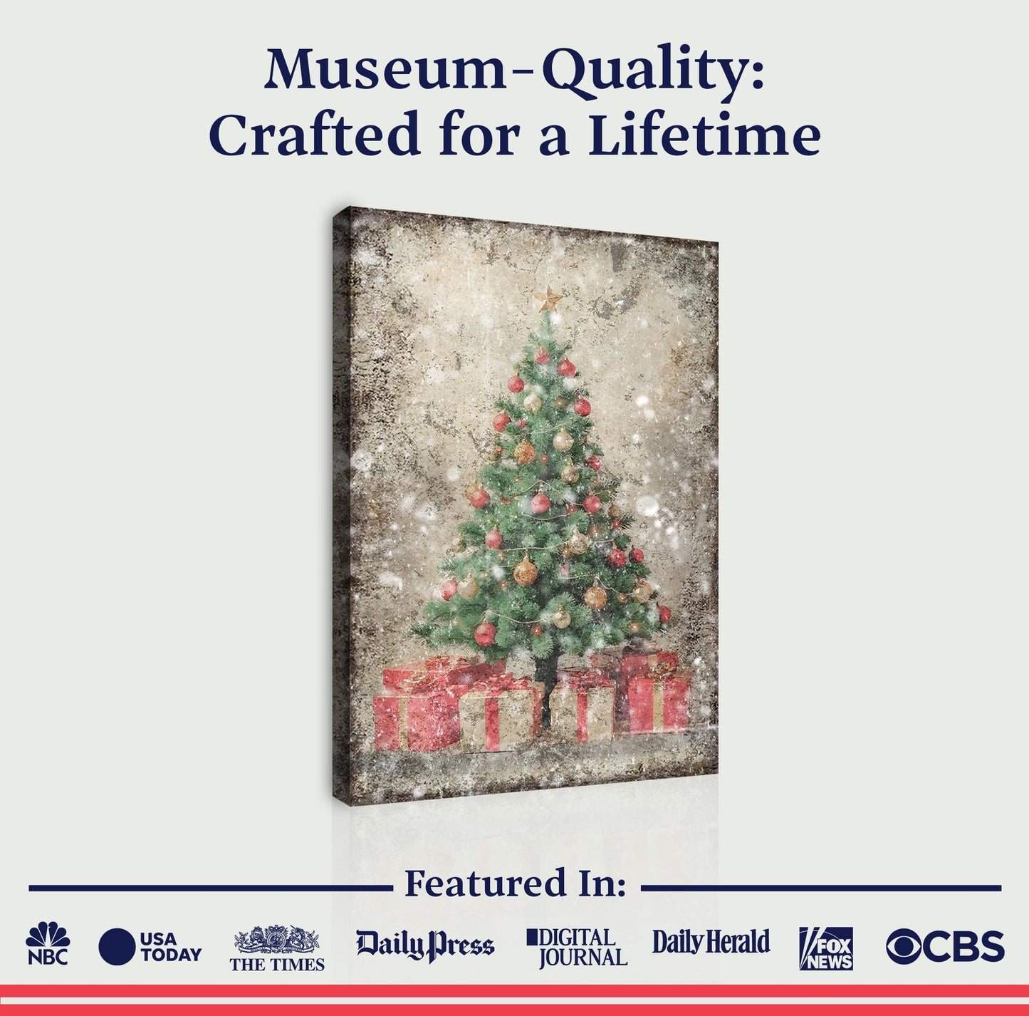 Vintage Christmas Tree With Gifts wall art canvas by Tailored Canvases; distressed background on Tampa Home & Garden Store