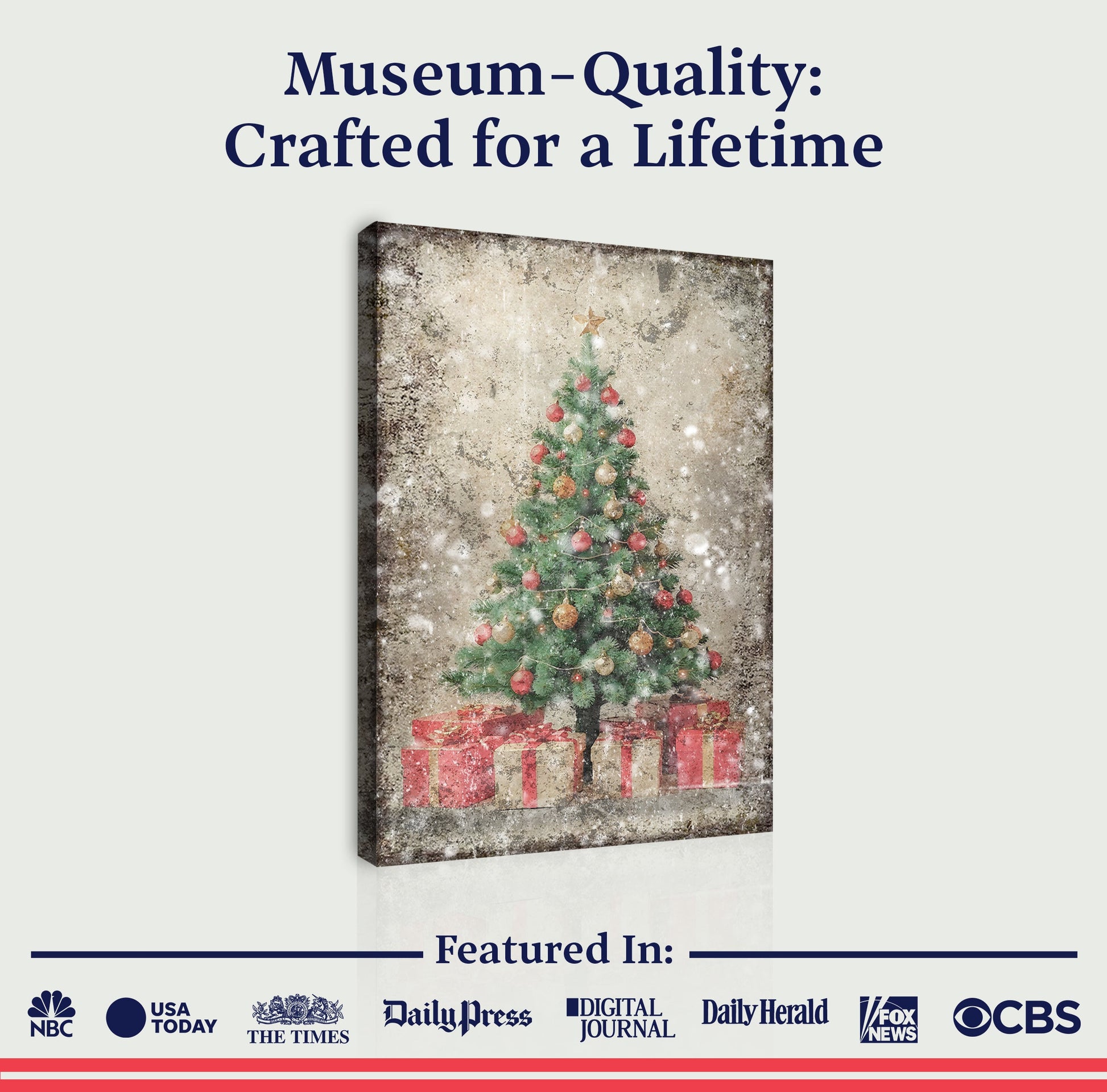 Vintage Christmas Tree With Gifts wall art canvas by Tailored Canvases; distressed background on Tampa Home & Garden Store