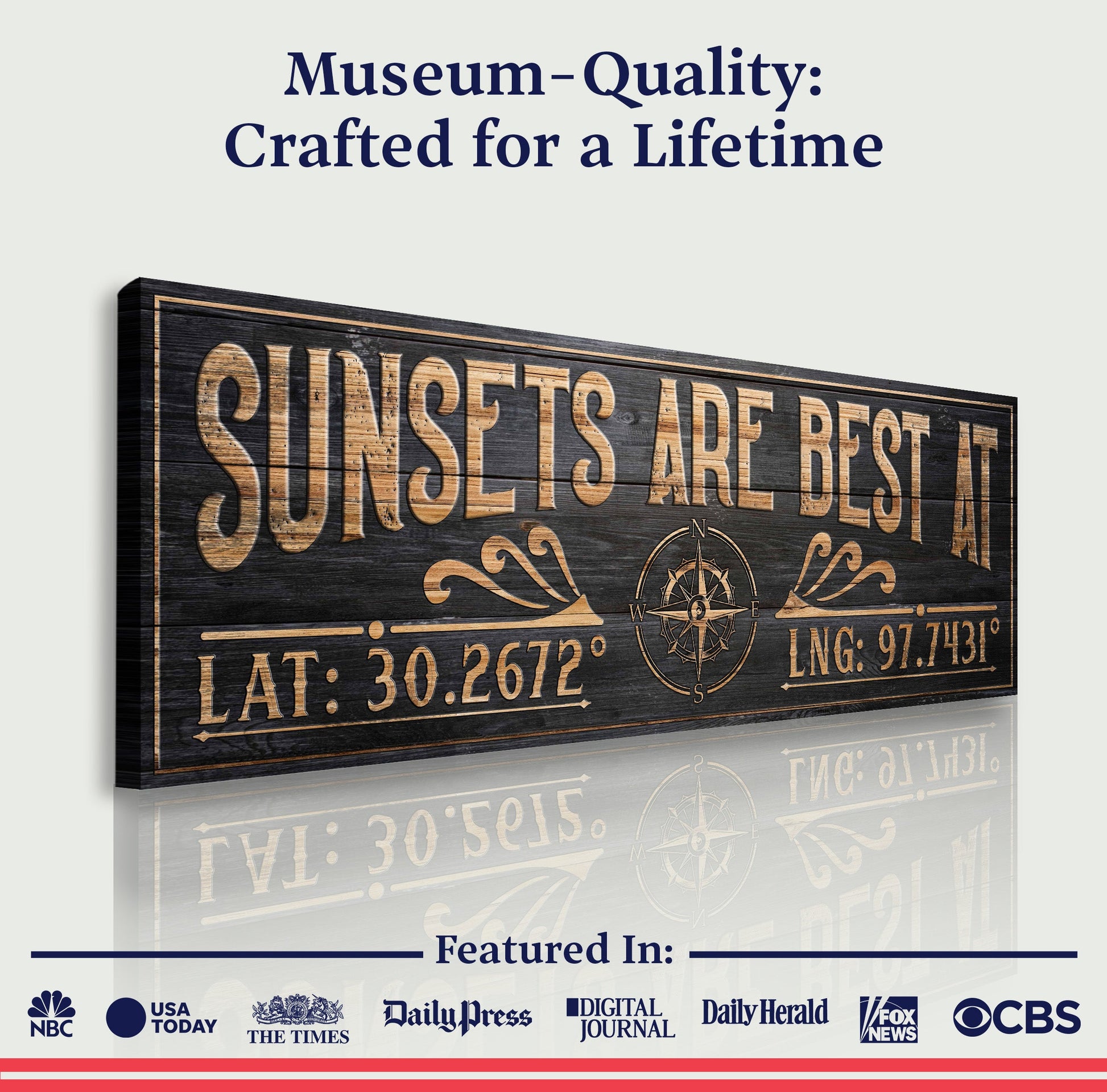Canvas Sunsets Are Best At Coordinates Sign II by Tailored Canvases, carved wood sign on Tampa Home & Garden Store