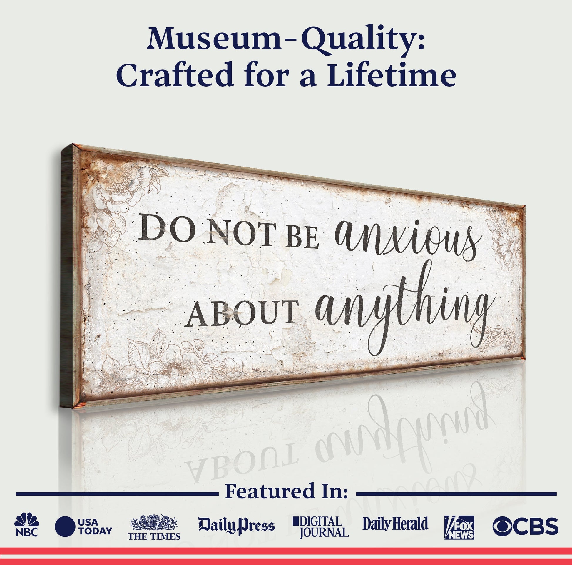 Canvas faith sign Do Not Be Anxious About Anything by Tailored Canvases with rustic frame on Tampa Home & Garden Store