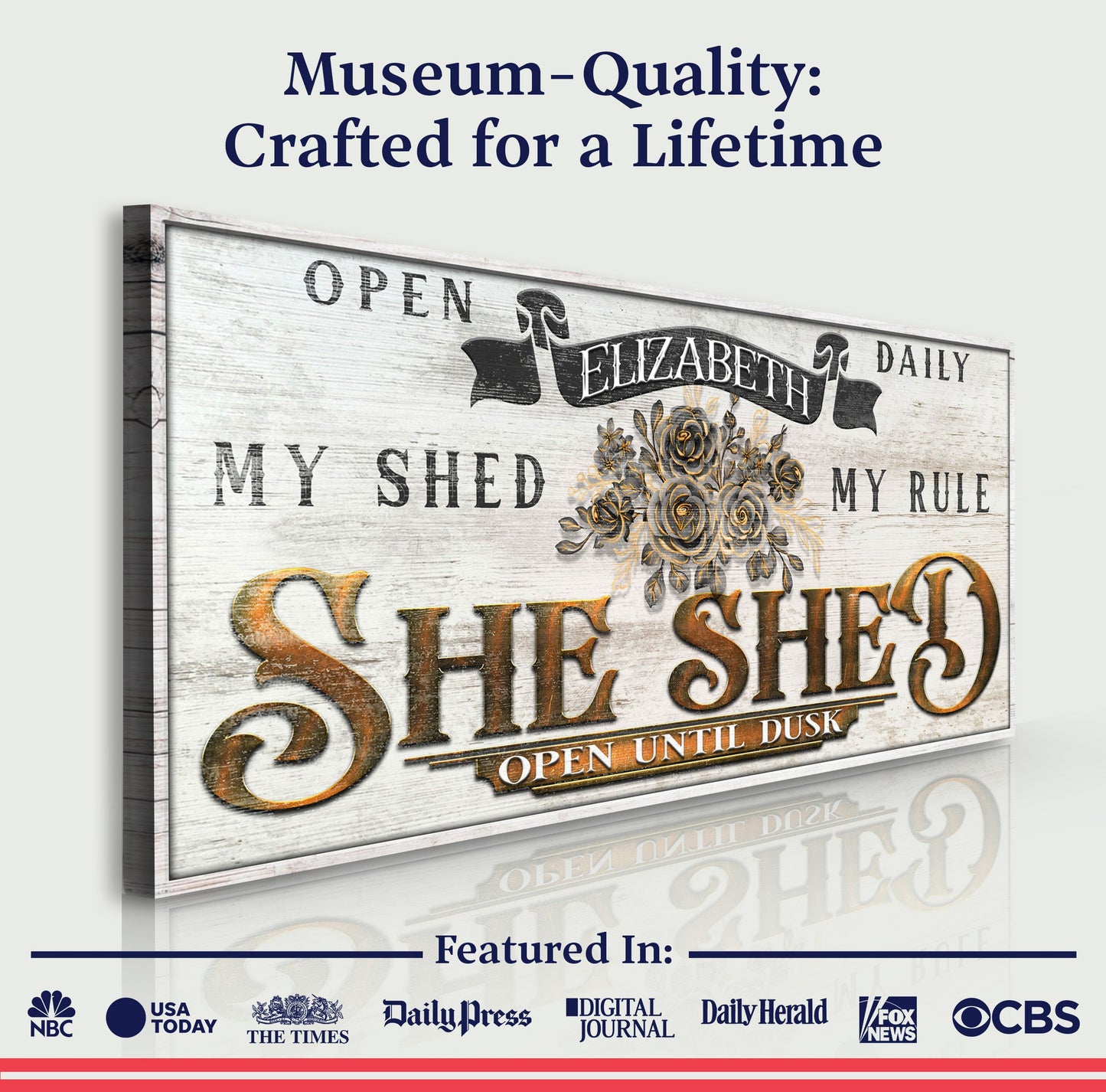 Personalized She Shed Sign X canvas by Tailored Canvases with distressed wood and floral accents on Tampa Home & Garden Store