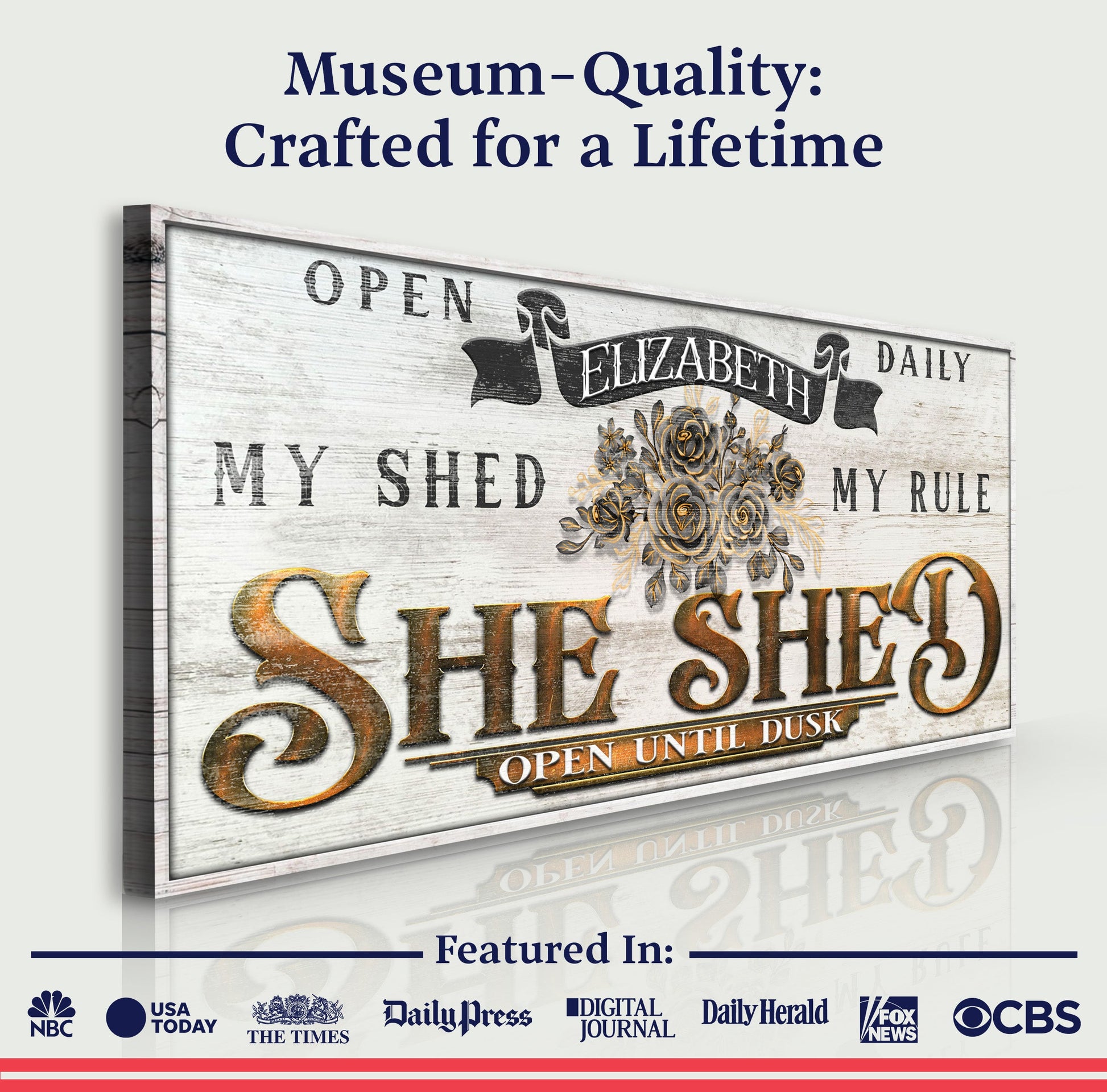 Personalized She Shed Sign X canvas by Tailored Canvases with distressed wood and floral accents on Tampa Home & Garden Store