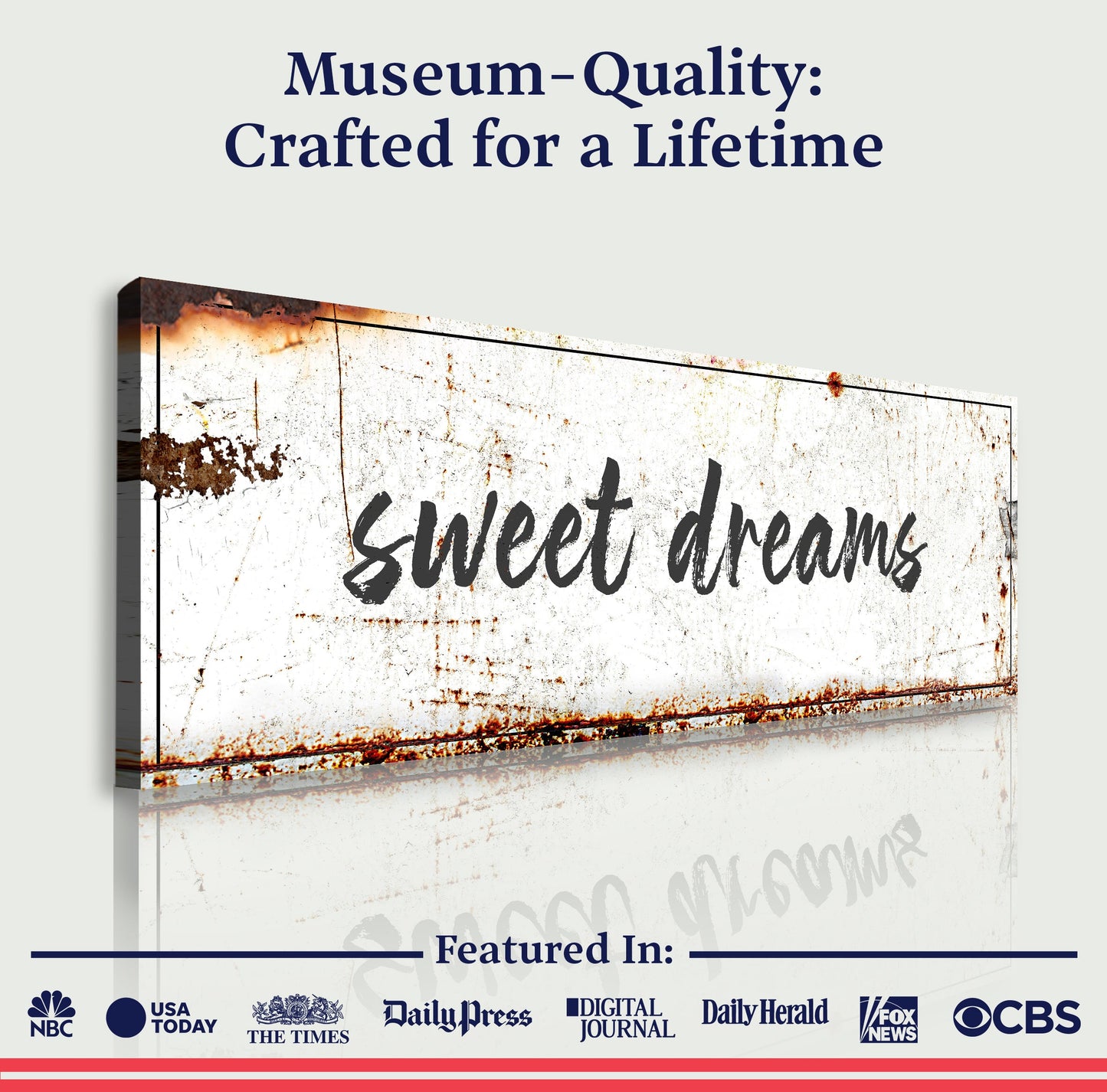 Sweet Dreams Sign canvas by Tailored Canvases, white canvas with black script and rusted edges on Tampa Home & Garden Store