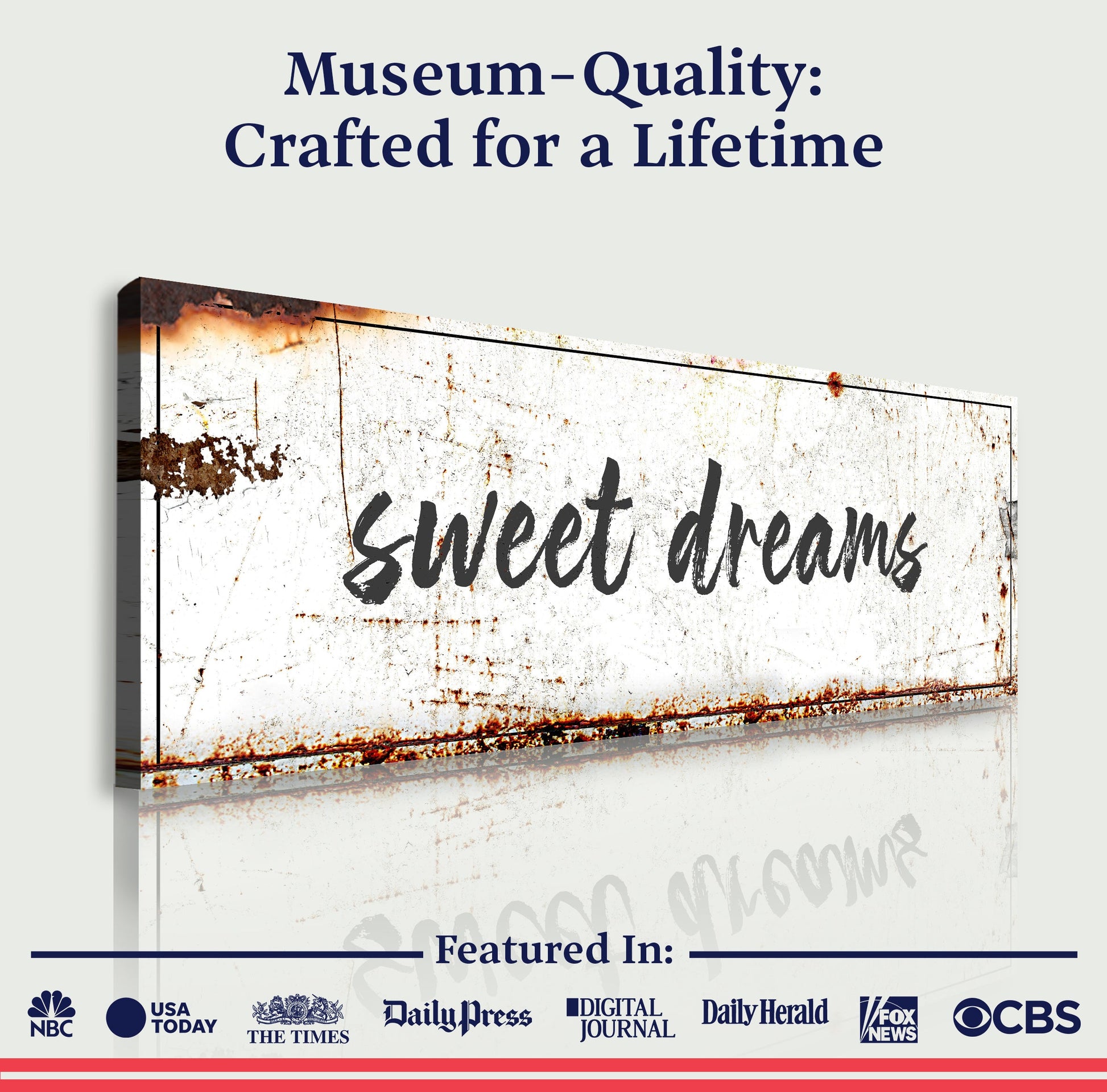 Sweet Dreams Sign canvas by Tailored Canvases, white canvas with black script and rusted edges on Tampa Home & Garden Store