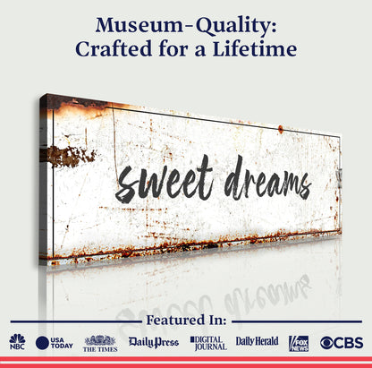 Sweet Dreams Sign canvas by Tailored Canvases, white canvas with black script and rusted edges on Tampa Home & Garden Store