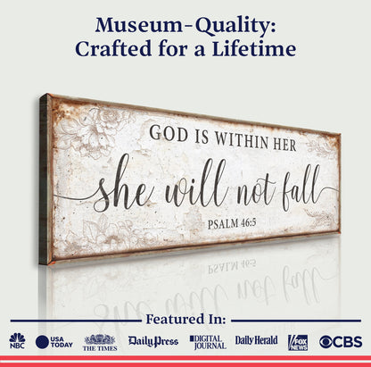 Canvas sign God Is Within Her Psalm 46:5 with floral border and wood frame Tailored Canvases on Tampa Home & Garden Store