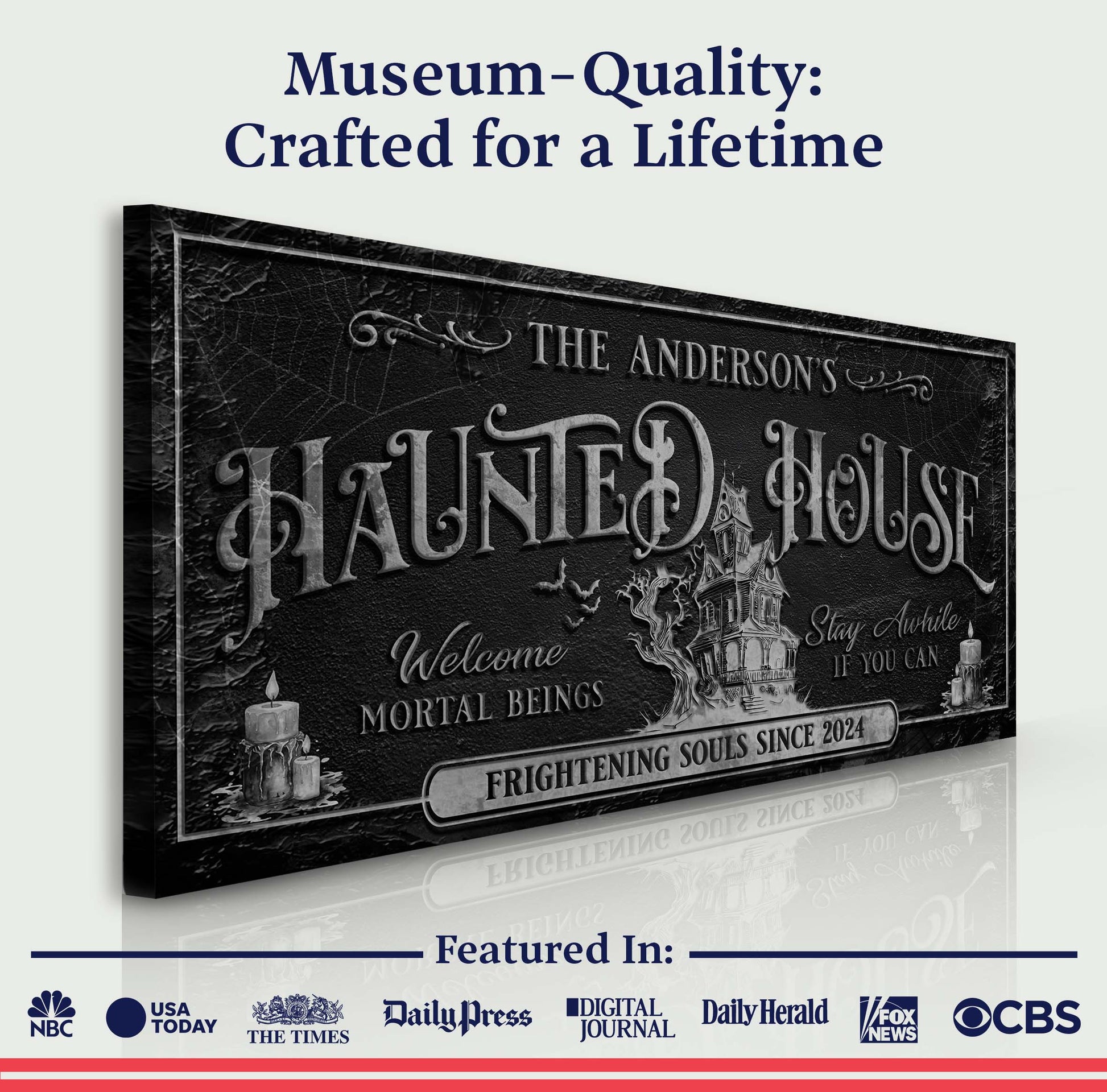 Personalized Haunted House Sign canvas by Tailored Canvases, black textured plaque on Tampa Home & Garden Store