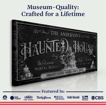 Personalized Haunted House Sign canvas by Tailored Canvases, black textured plaque on Tampa Home & Garden Store