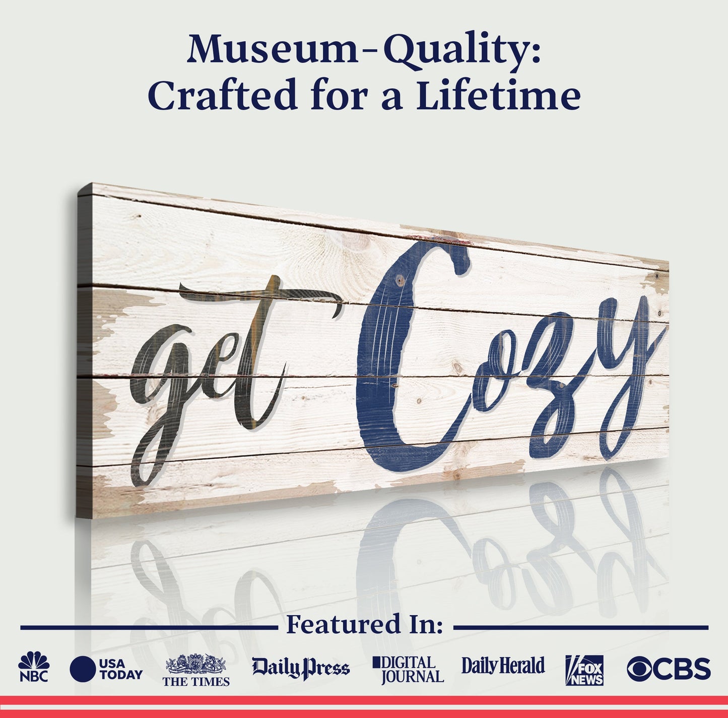 Get Cozy Sign II canvas crafting sign by Tailored Canvases; rustic wood with navy script on Tampa Home & Garden Store