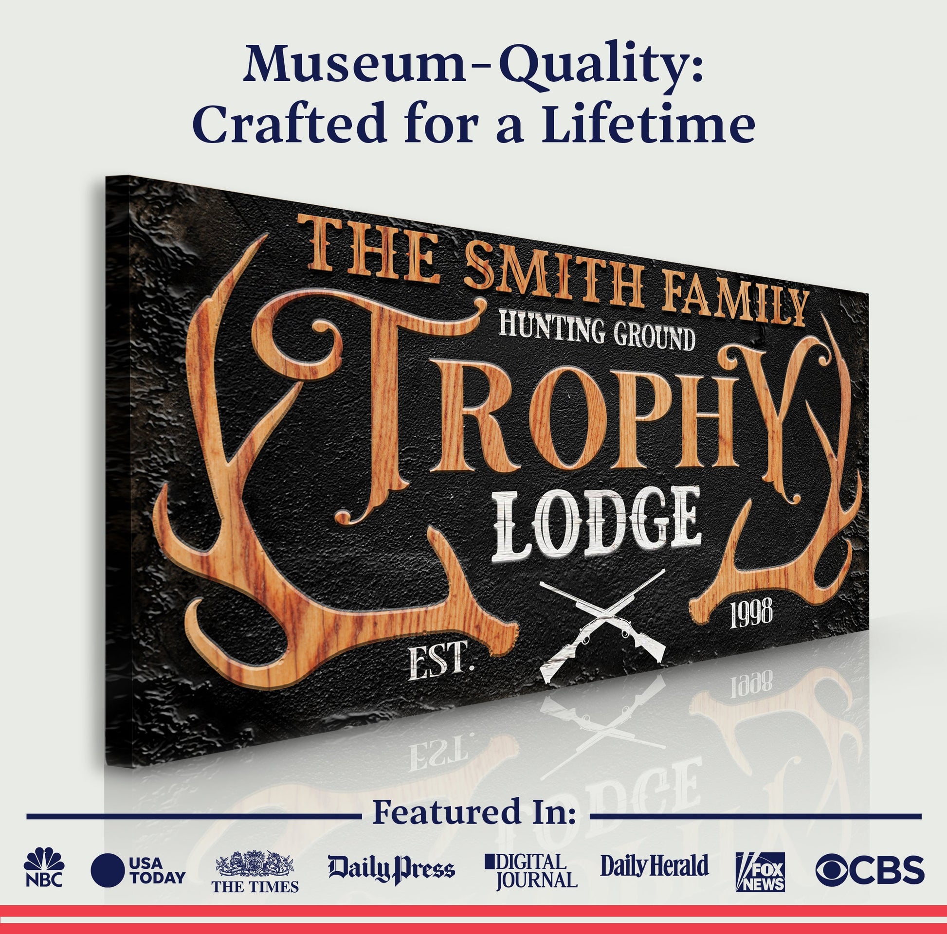 Family Hunting Trophy Lodge Sign canvas by Tailored Canvases with woodgrain orange lettering on Tampa Home & Garden Store