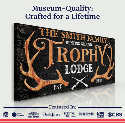 Family Hunting Trophy Lodge Sign canvas by Tailored Canvases with woodgrain orange lettering on Tampa Home & Garden Store