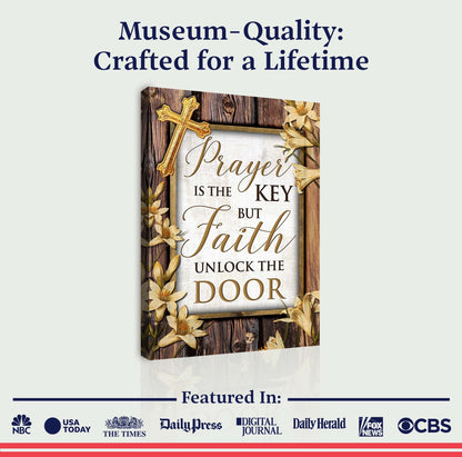 Canvas Faith Sign II Prayer Is The Key But Faith Unlocks Door with frame and cross on Tampa Home & Garden Store