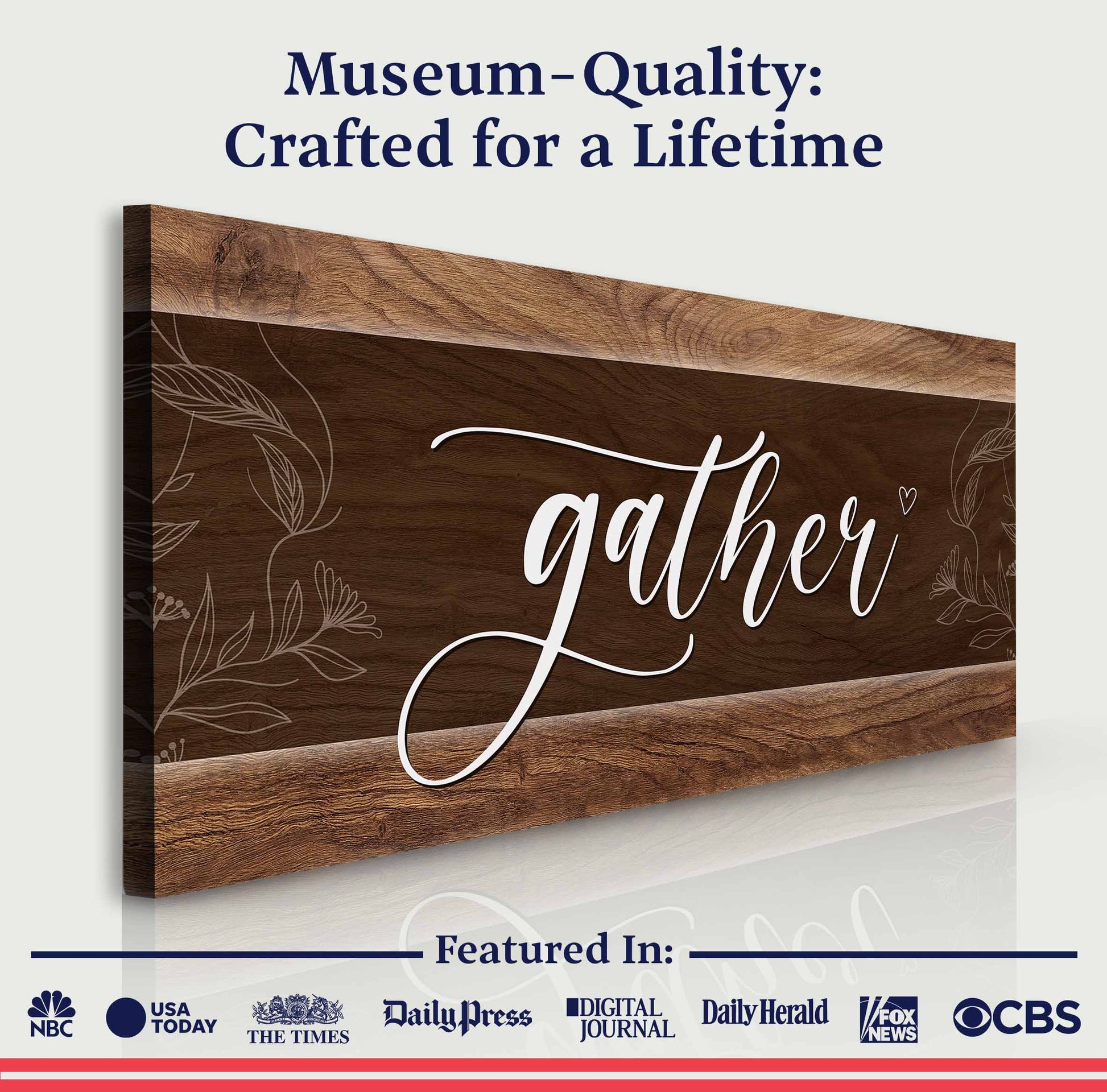 Gather Sign IX canvas Tailored Canvases; wood-grain panel with white script and leaf motifs on Tampa Home & Garden Store