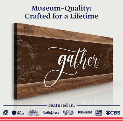 Gather Sign IX canvas Tailored Canvases; wood-grain panel with white script and leaf motifs on Tampa Home & Garden Store