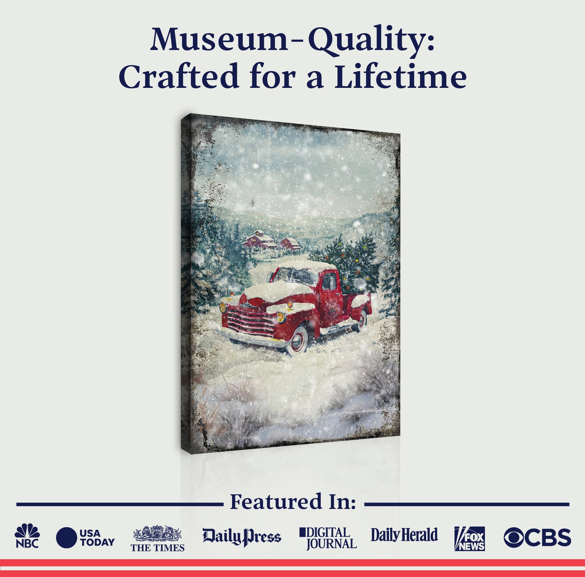 Vintage Truck With Christmas Tree Wall Art II canvas: red truck in snow Tailored Canvases on Tampa Home & Garden Store