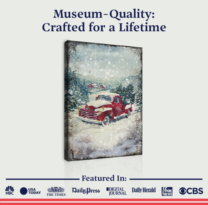 Vintage Truck With Christmas Tree Wall Art II canvas: red truck in snow Tailored Canvases on Tampa Home & Garden Store
