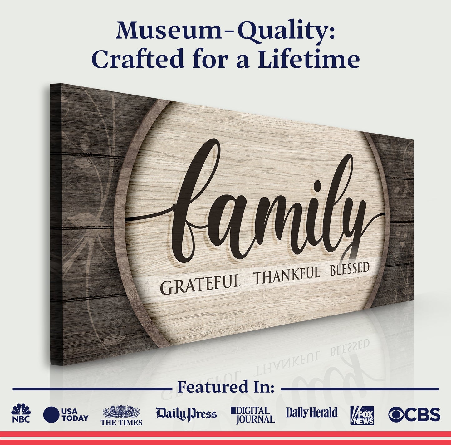 Grateful Thankful Blessed Family Sign on rustic wood canvas crafted by Tailored Canvases on Tampa Home & Garden Store