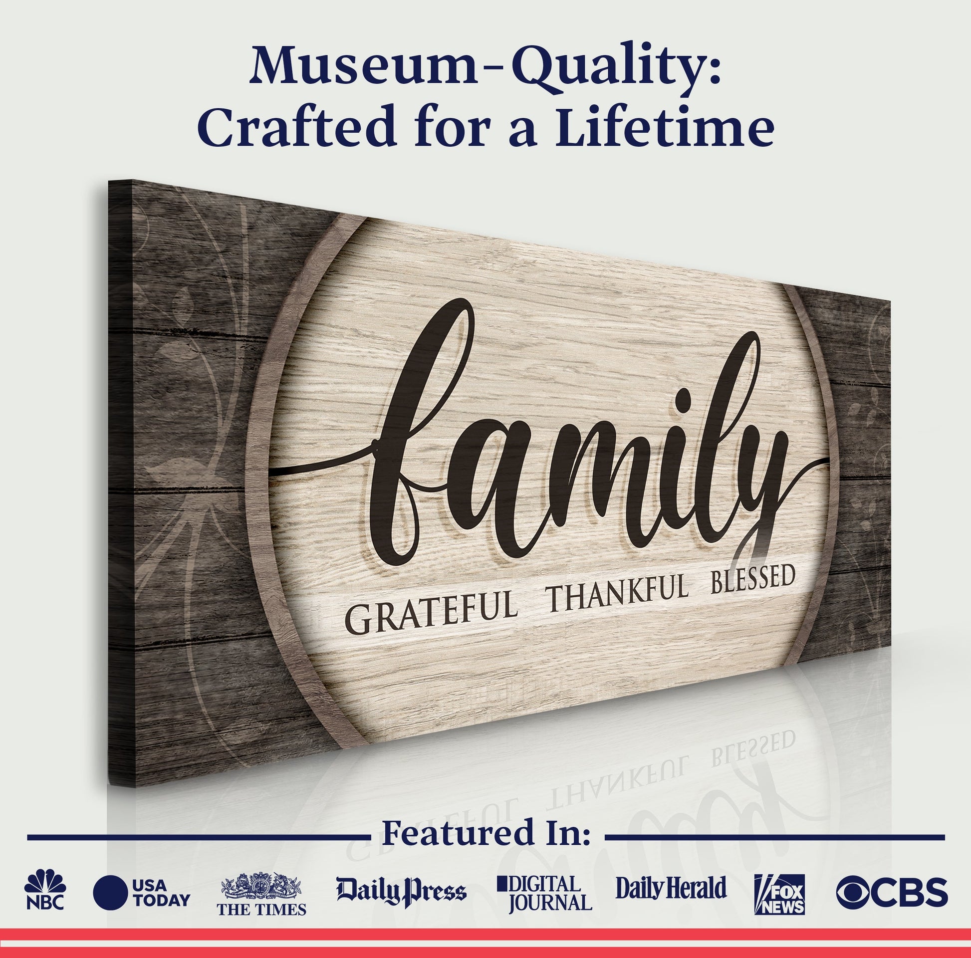 Grateful Thankful Blessed Family Sign on rustic wood canvas crafted by Tailored Canvases on Tampa Home & Garden Store