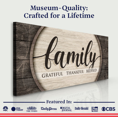 Grateful Thankful Blessed Family Sign on rustic wood canvas crafted by Tailored Canvases on Tampa Home & Garden Store