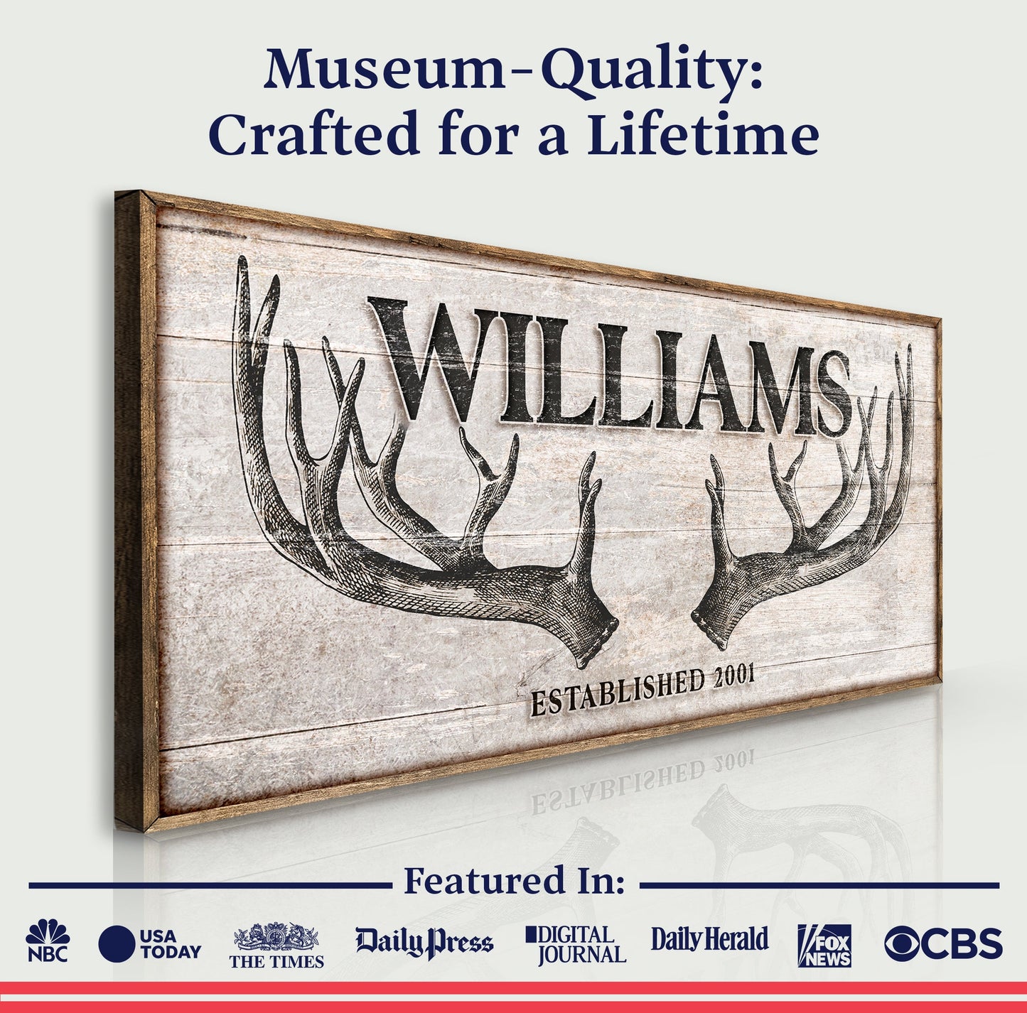 Personalized Family Antler Sign IV canvas by Tailored Canvases with rustic wood backdrop on Tampa Home & Garden Store