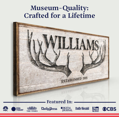Personalized Family Antler Sign IV canvas by Tailored Canvases with rustic wood backdrop on Tampa Home & Garden Store