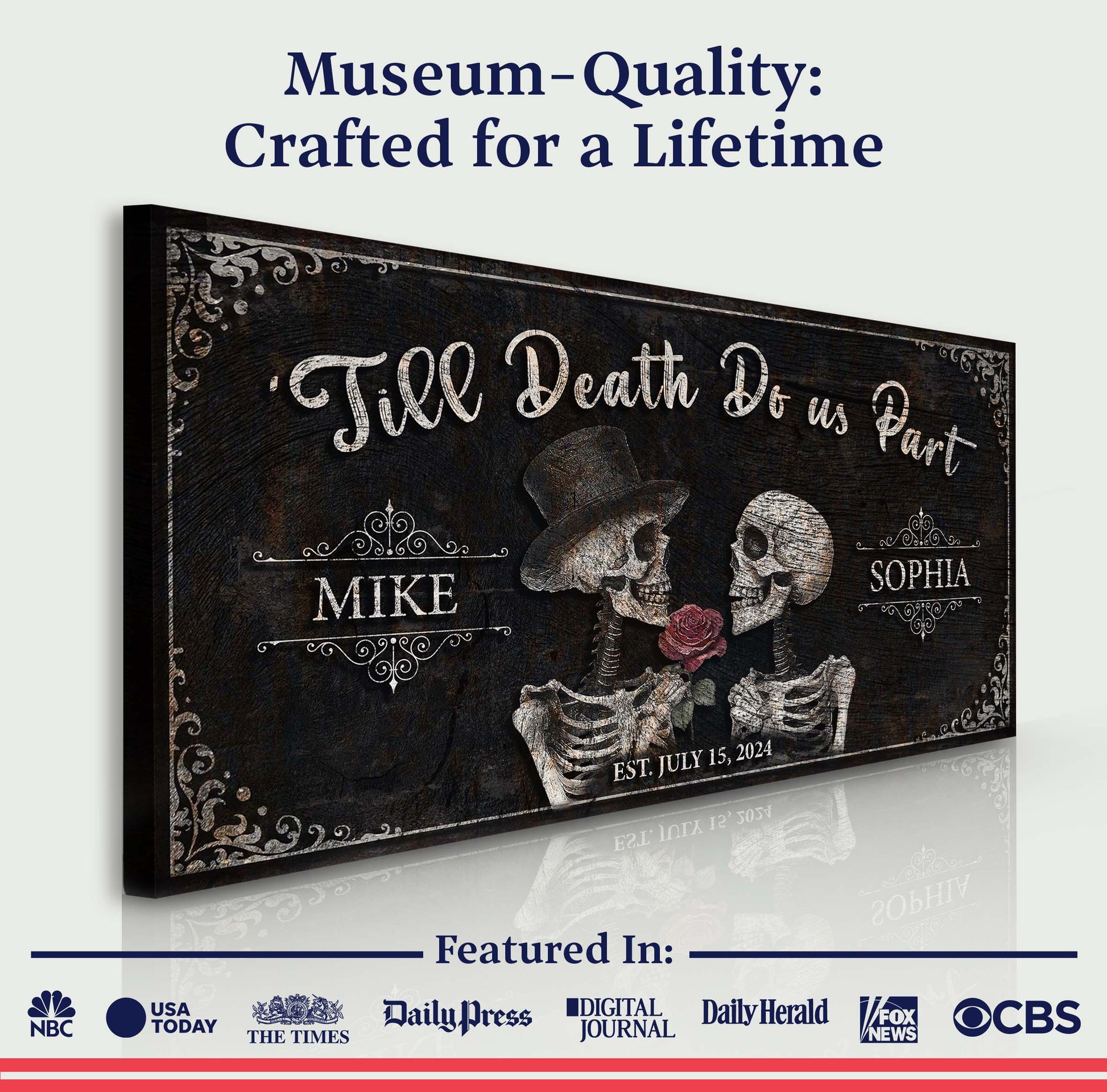Canvas Till Death Do Us Part Skeleton Couple Sign III by Tailored Canvases on wood panel on Tampa Home & Garden Store
