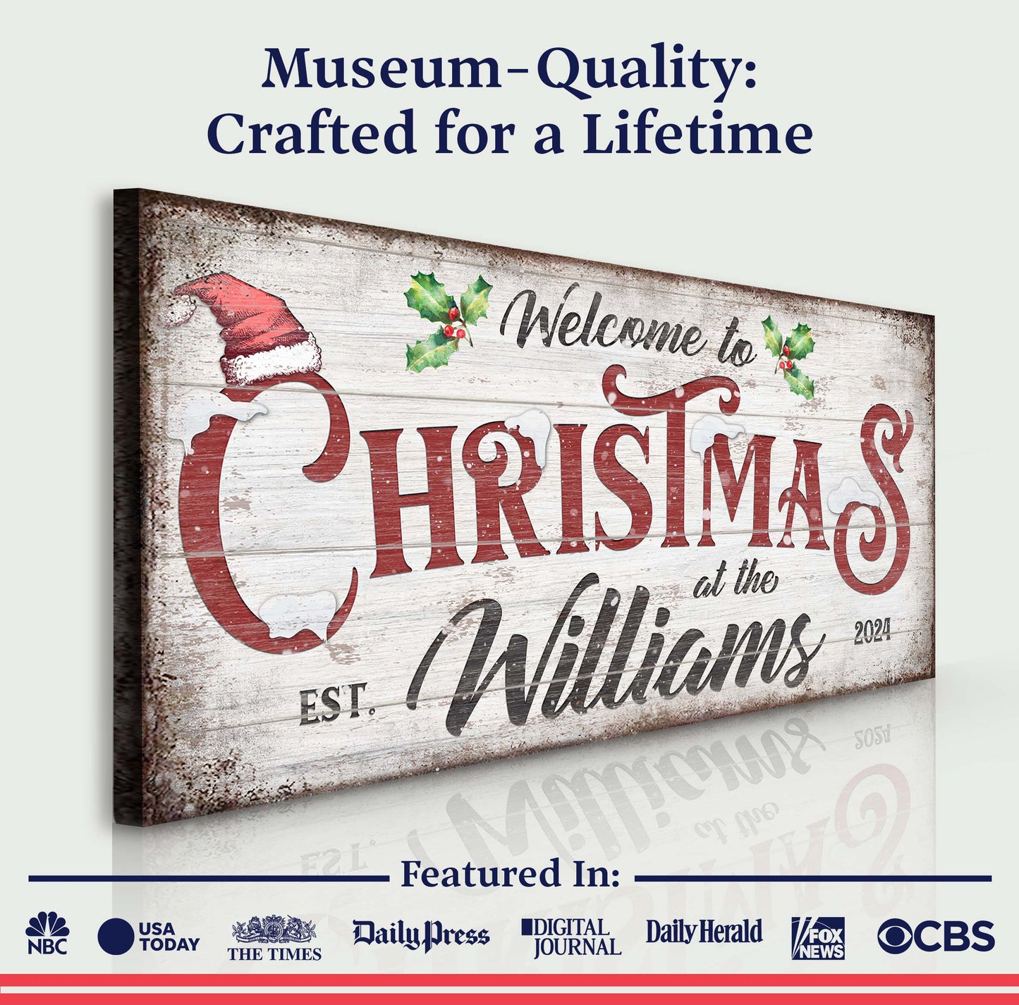 Family Welcome To Christmas Sign V canvas by Tailored Canvases with holly accents on Tampa Home & Garden Store