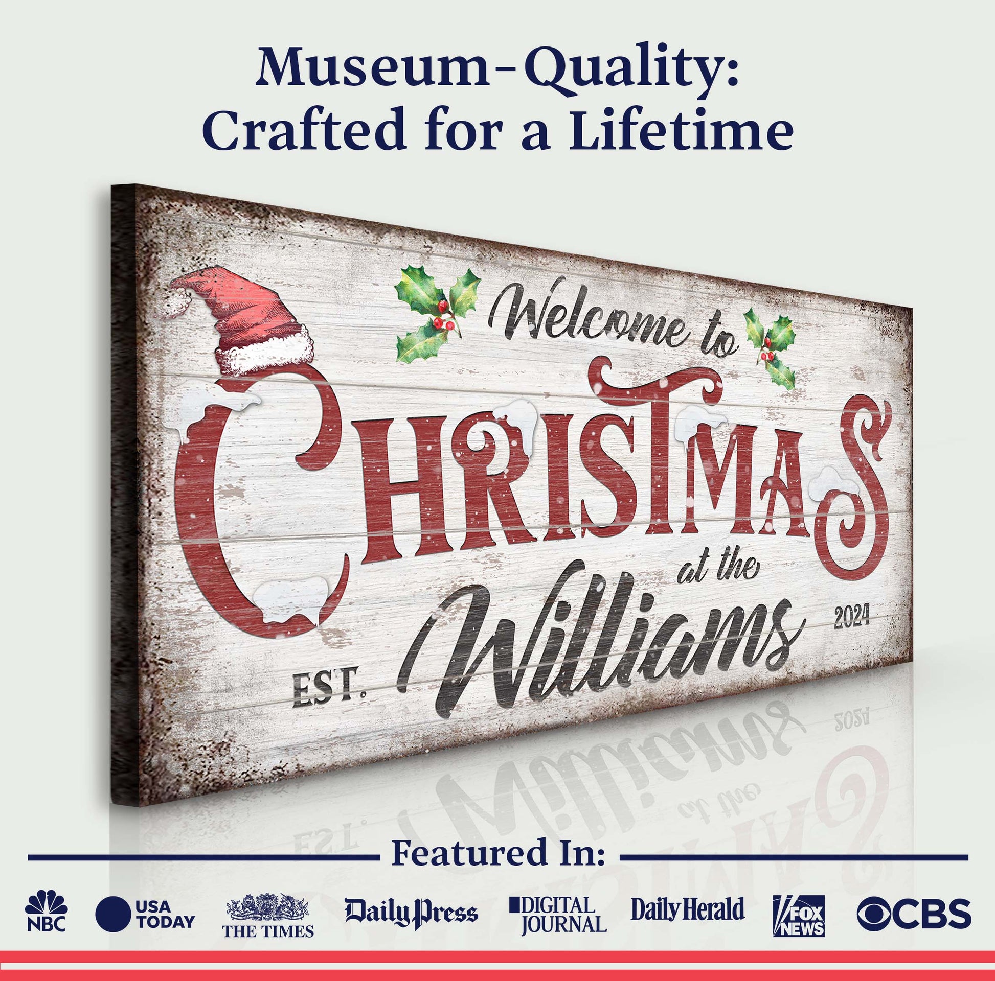 Family Welcome To Christmas Sign V canvas by Tailored Canvases with holly accents on Tampa Home & Garden Store