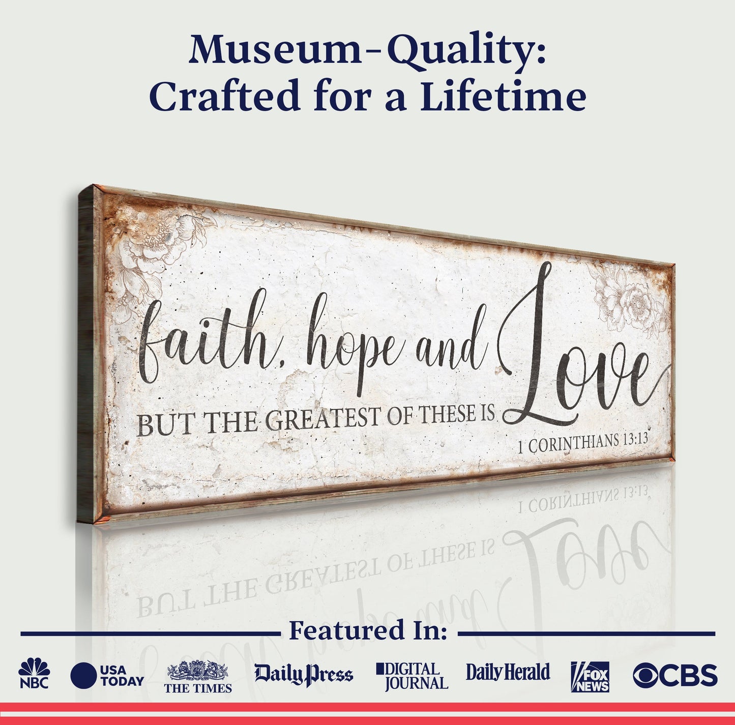 Faith Hope And Love canvas sign by Tailored Canvases with vintage parchment background on Tampa Home & Garden Store