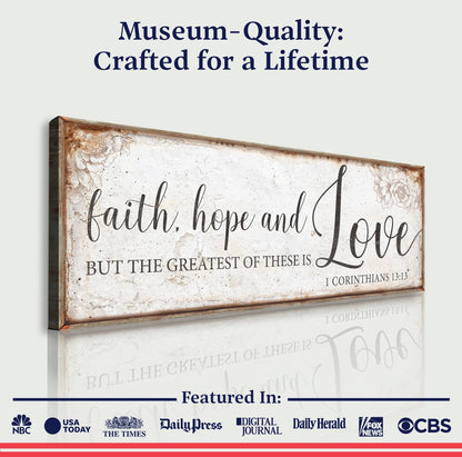 Faith Hope And Love canvas sign by Tailored Canvases with vintage parchment background on Tampa Home & Garden Store