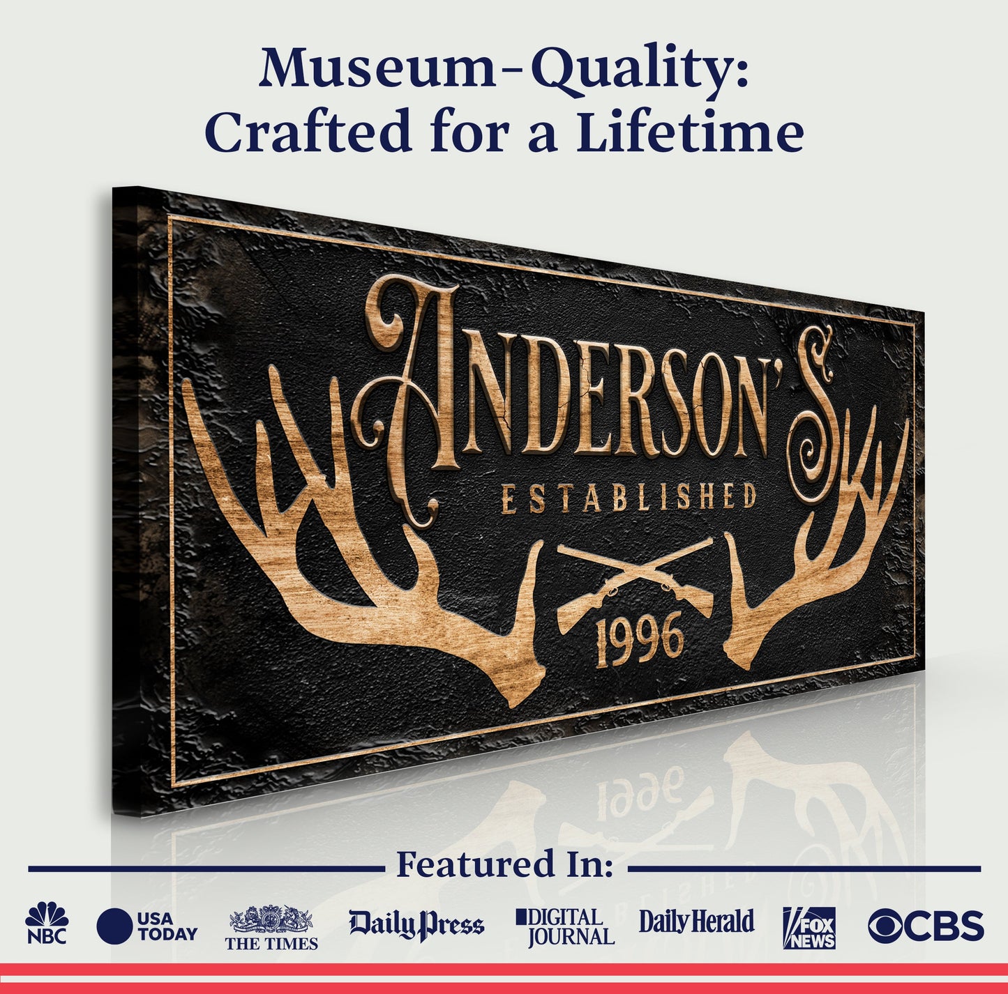 Personalized Family Antler Sign II canvas featuring gold antlers on black background on Tampa Home & Garden Store