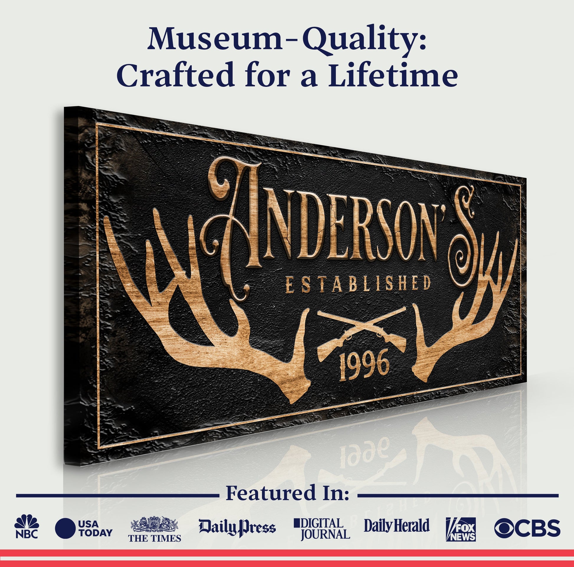 Personalized Family Antler Sign II canvas featuring gold antlers on black background on Tampa Home & Garden Store