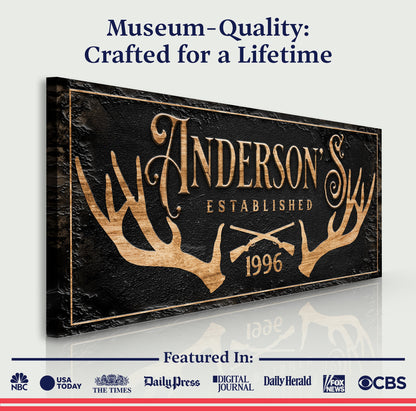 Personalized Family Antler Sign II canvas featuring gold antlers on black background on Tampa Home & Garden Store