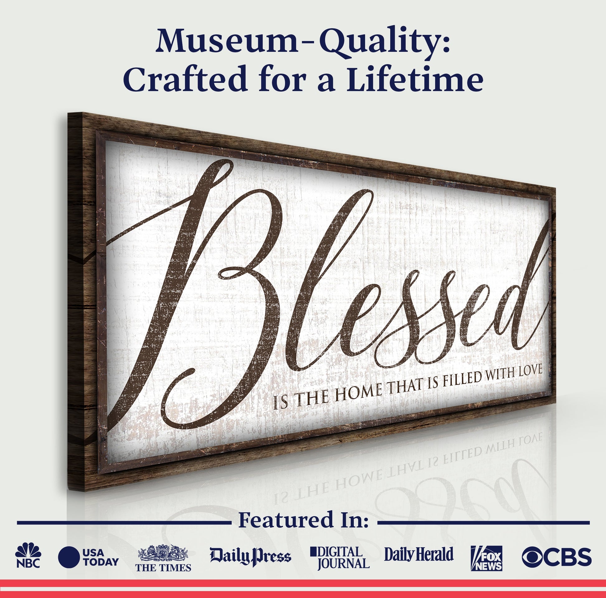 Wood-framed canvas sign Blessed Is The Home That Is Filled With Love, script lettering on Tampa Home & Garden Store