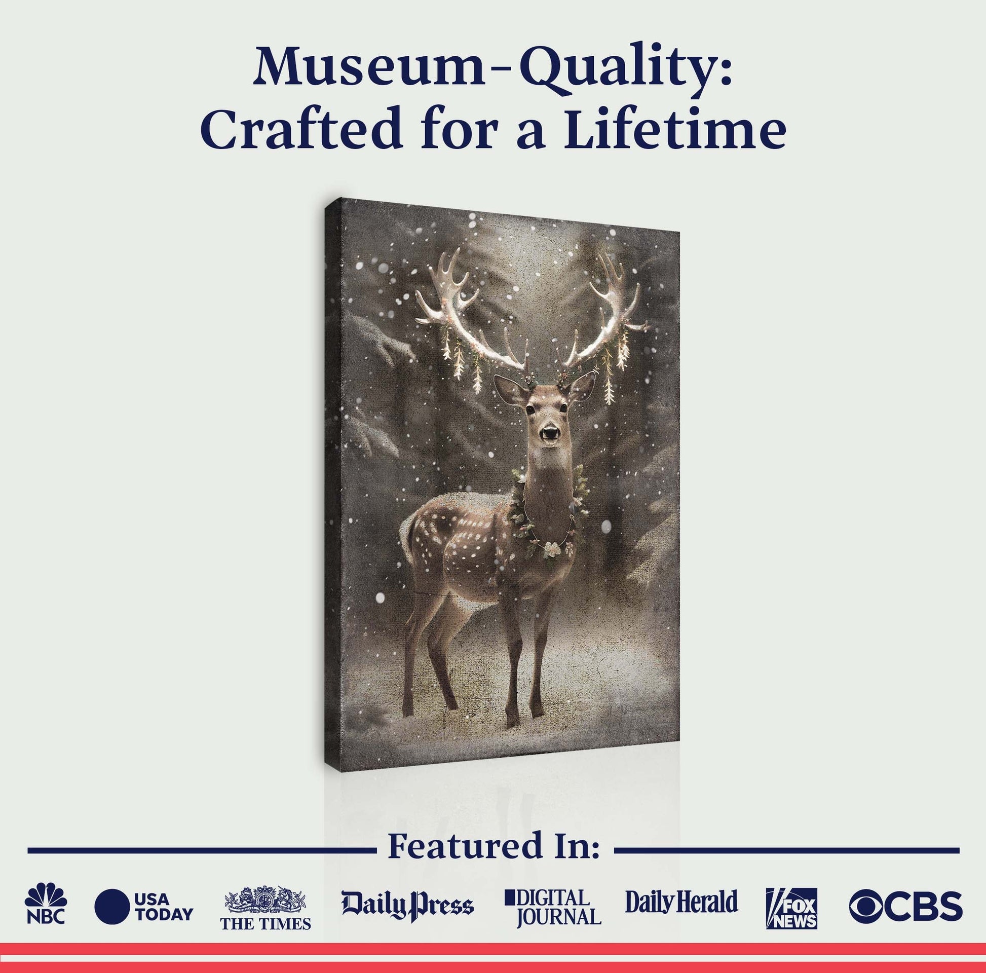 Vintage Winter Deer Christmas Wall Art canvas by Tailored Canvases; tall vertical deer scene with snowfall on Tampa Home & Garden Store